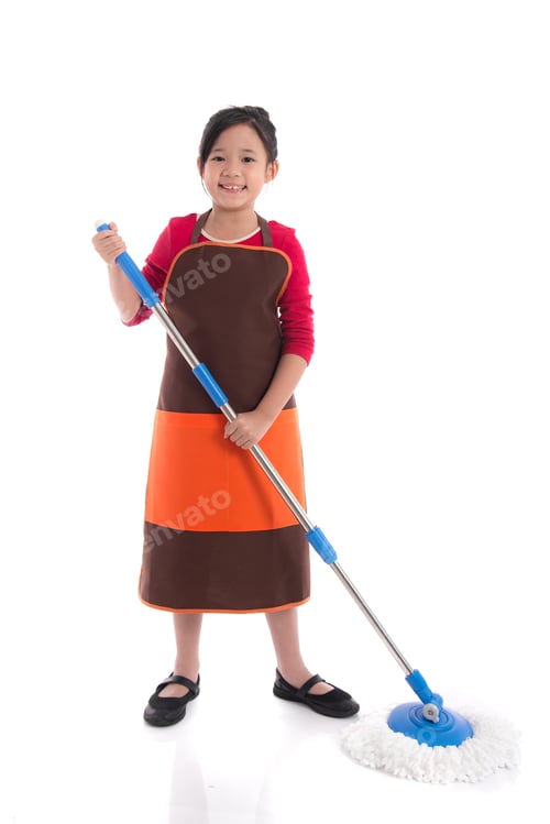 Preview: Portrait Of Beautiful Asian Girl Cleaning With Mop On White Background Isolated