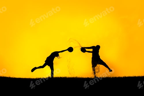 Preview: Silhouette Happy Children Cheerful Playing Water Splash On Sunset, Water Festival, Songkran In