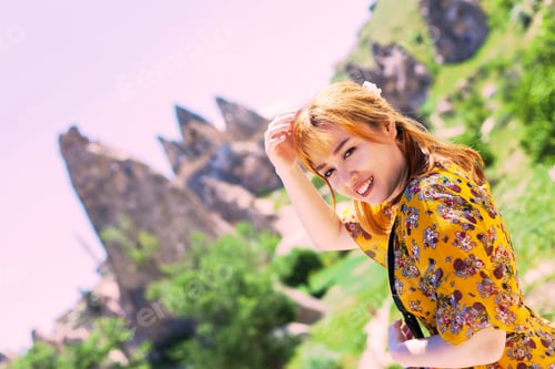 Preview: Vacation In Turkey View Of Uchisar Castle Village During Summer With Tourist Model