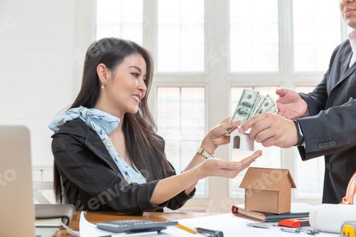 Preview: Business Finance Housing Loan. Close Up Hands Of Male Borrower Receive Money For Renovate House