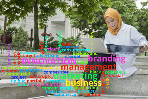 Preview: Concept Or Conceptual Business Abstract Words Cloud On Young Female Doctor Background.