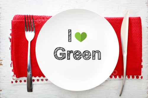 Preview: I Love Green Concept On White Plate With Fork And Knife On Red Napkins
