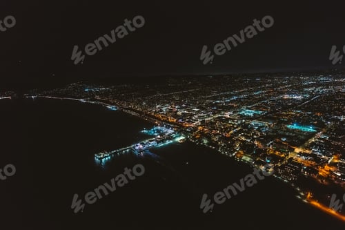 Preview: Aerial View Of The Santa Monica Shoreline, Amusment Park And Pier At Night