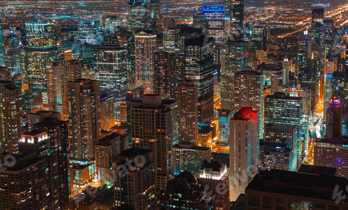 Preview: Chicago Cityscape Skyscrapers At Night Aerial View