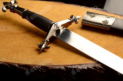 Preview: A Closeup View Of A Dagger And Sheath Resting Ontop Of A Fresh Cut Piece Of Wood.