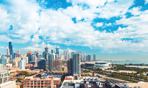 Preview: Chicago Skyscrapers Skyline With Puffy White Clouds