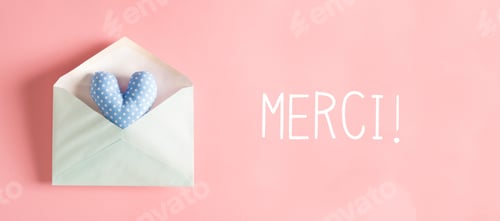 Preview: Merci - Thank You In French Language With A Blue Heart Cushion In An Envelope