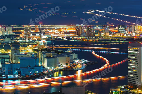 Preview: Long Exposure Boats And Planes At Tokyo Bay Harbor At Twilight