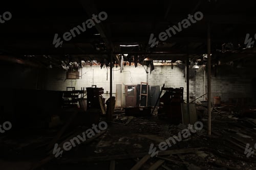 Preview: Dark Interior Of An Abandoned Factory. Natural Light. Dark Edges.