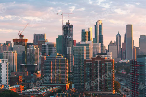 Preview: Downtown Chicago Cityscape Skyscrapers Skyline At Sunset