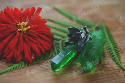 Preview: Lovely Bright Green Aura Quartz Crystal. Fresh Herbs And Crystals. Cute Green Healing Crystal For