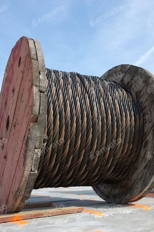 Preview: Construction Project: Strong Stranded Steel Cable Wound On Reel, Ready For Use On Project