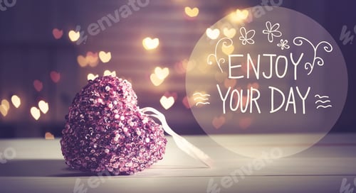 Preview: Enjoy Your Day Message With Pink Heart With Heart Shaped Lights