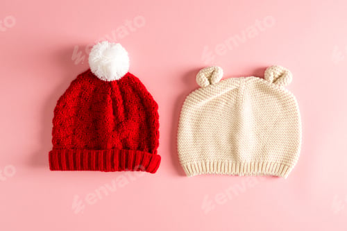 Preview: Baby Knit Winter Hat On A Pink Background