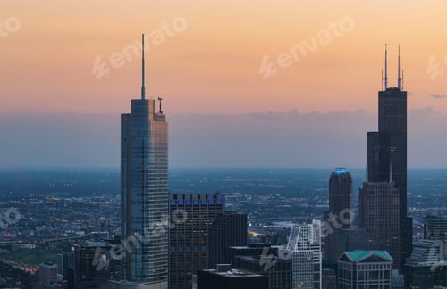 Preview: Chicago Cityscape Skyscrapers At Sunset Aerial View