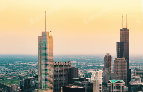 Preview: Chicago Cityscape Skyscrapers At Sunset Aerial View