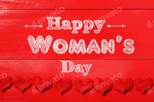 Preview: Happy Woman'S Day Message On Red Wood Background With Red Hearts Boarder