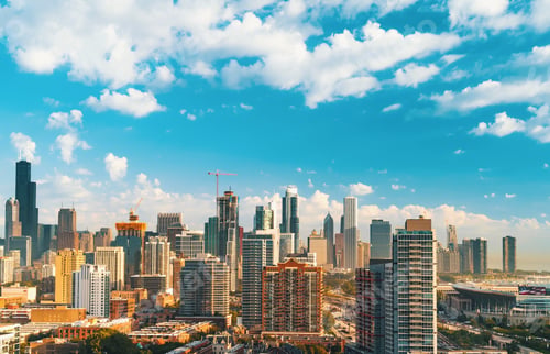 Preview: Chicago Skyscrapers Skyline With Puffy White Clouds