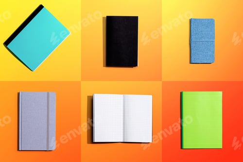 Preview: Variety Of Notebooks And Notepads On Tiled Desk Flatlay From Above