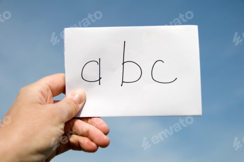 Preview: A Hand Holding A Card With Abc Written In Lower Case.