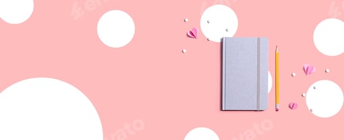 Preview: Gray Notebook With Paper Hearts - Flat Lay