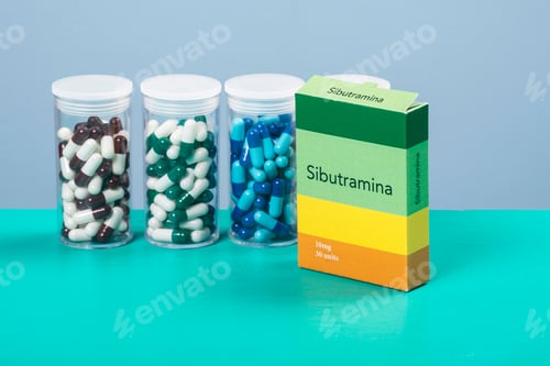 Preview: Colored Capsule Of Medication In Transparent Plastic Storage Container And Obesity Medicine Box