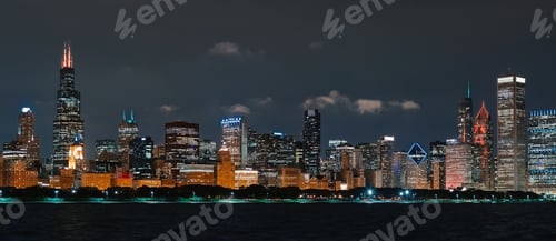 Preview: Downtown Chicago Cityscape Skyline At Night With Lake Michigan In The Foreground