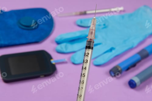 Preview: Insulin Syringe In The Foreground, With Blurred Diabetes Objects In The Background