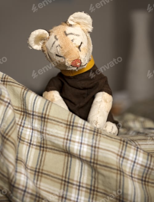Preview: A Child'S Plush Tiger Posed On A Plaid Sheet.