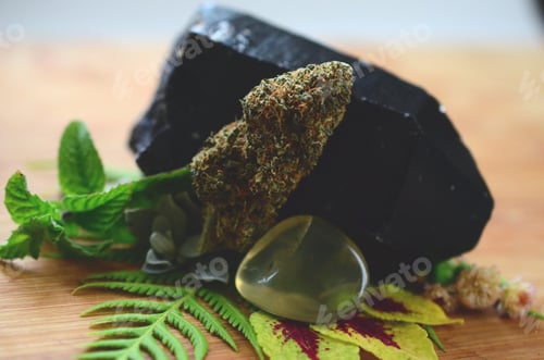 Preview: Bright, Macro Photo Of Medicinal Marijuana. Legal Weed, Cannabis Flowers And Healing Crystals