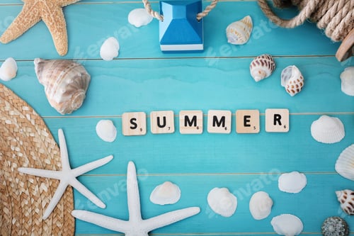 Preview: High Angle View Of Wood Blocks On Light Blue Table With Assorted Sea Shells And Starfish For Summer