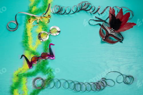 Preview: Ribbon Strip On The Edge Of A Poster With Space For Text With A Glass And Mask