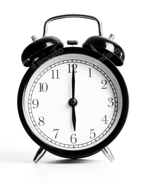 Preview: A Black Metal Alarm Clock Showing Six O'Clock.