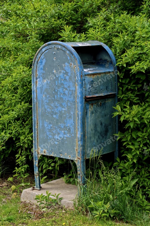 Preview: Old, Peeling Mailbox Surrounded By Overgrown Bushes.
