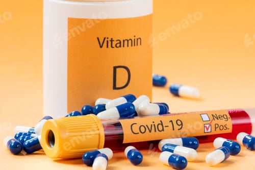Preview: Vitamin D Container With Capsules Around It And A Vacuum Tube With The Text Covid-19