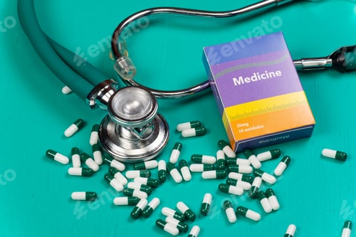 Visualização: Conceito de medicina e doença de saúde. Fundo de comprimidos e equipamentos médicos com uma caixa de medicamentos