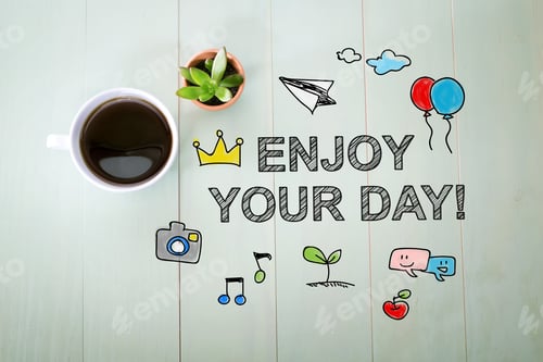 Preview: Enjoy Your Day Message With A Cup Of Coffee On A Pastel Green Wooden Table
