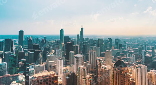 Preview: Chicago Cityscape Skyline Toward Sunset Aerial View