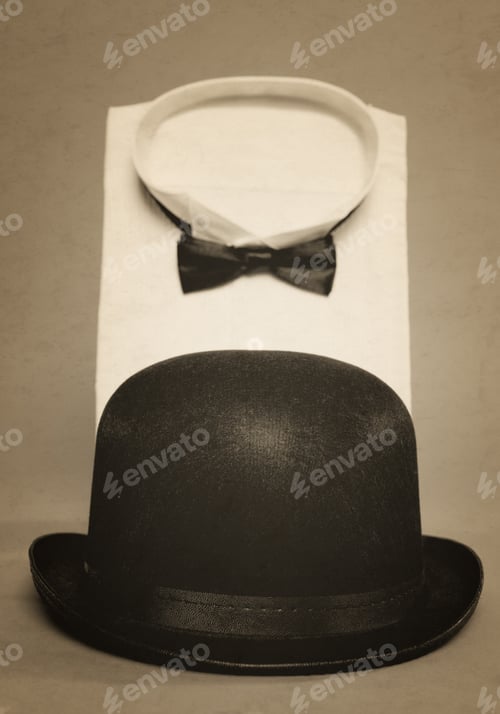 Preview: A Dress Shirt With A Black Bow Tie And Top Hat.