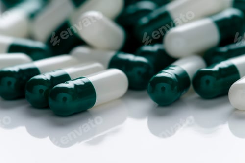 Preview: Medicine Capsules On Reflective Surface On A White Background