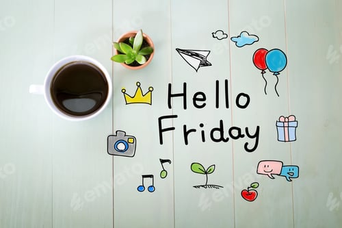 Preview: Hello Friday Message With A Cup Of Coffee On A Pastel Green Wooden Table