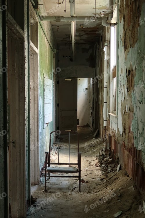 Preview: Spooky Hallway In An Abandoned And Neglected Hospital. Natural Light.