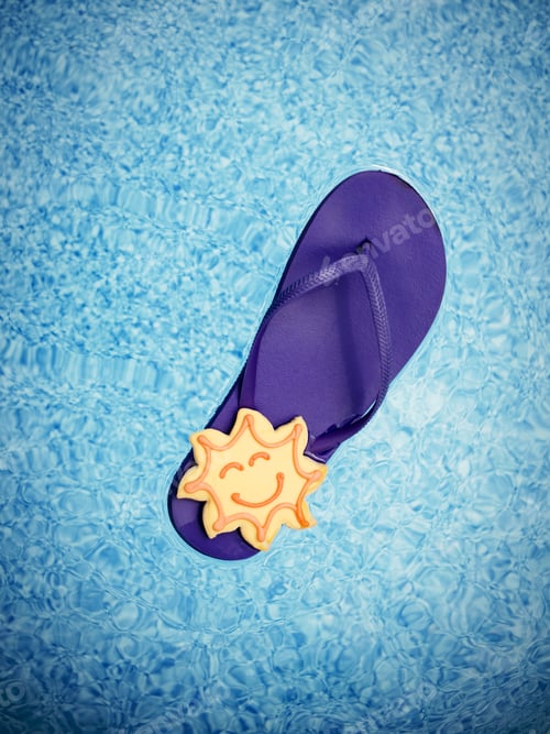Preview: A Sun Shaped Cookie On A Purple Flip Flop Floating In A Blue Pool.