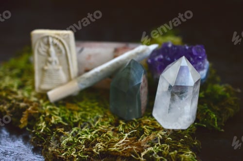 Preview: Healing Crystals And Medical Marijuana Joint. Beautiful Crystal Tower, Nice Mossy Fairy World