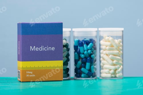 Visualização: Cápsula colorida de medicamento em recipiente de armazenamento de plástico transparente e caixa de remédios. Medicação