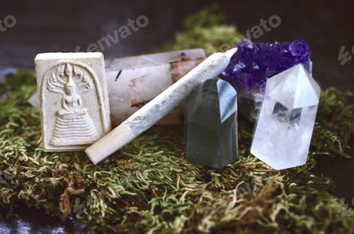 Preview: Healing Crystals And Medical Marijuana Joint. Beautiful Crystal Tower, Nice Mossy Fairy World