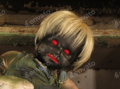 Preview: Creepy Black Doll With Blonde Hair And Red Eyes.