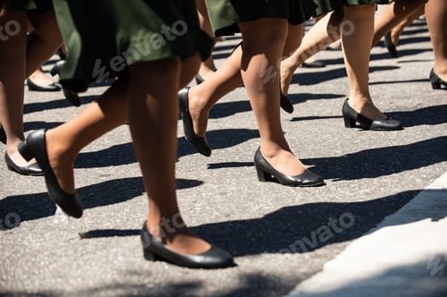 Preview: Women Military Marching In A Street. Legs And Shoes In Line.