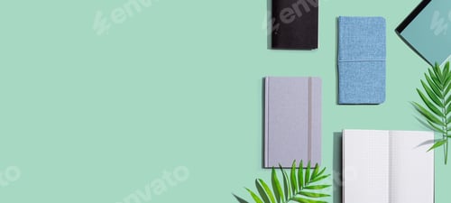 Preview: Collection Of Notebooks With Tropical Leaves - Flat Lay