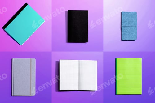 Preview: Variety Of Notebooks And Notepads On Tiled Desk Flatlay From Above